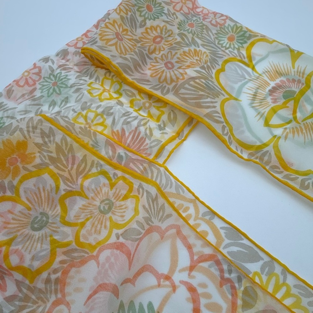 Vintage 60s Glentex Sheer Floral Scarf Hand Rolled Yellow Peach Sage Oblong Wrap - Picture 6 of 8